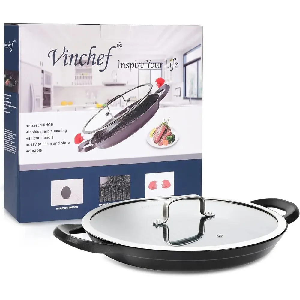 Vinchef Nonstick Grill Pan 13 In. Skillet, Indoor Induction Cast-aluminum & Lid